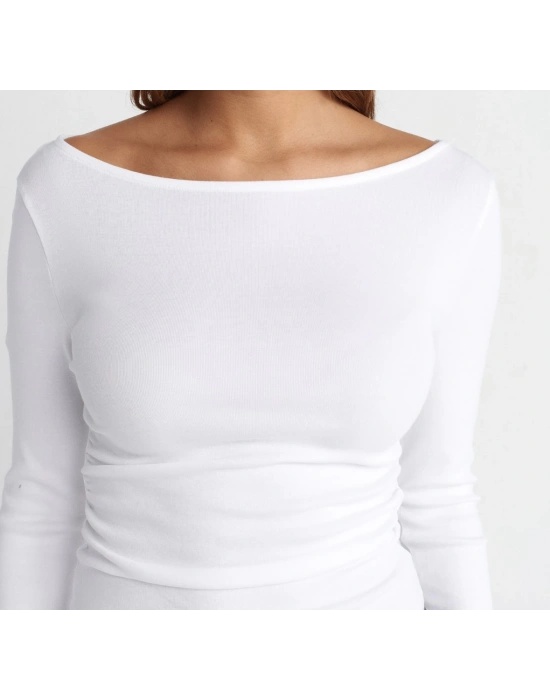 Büzgülü Kayık Yaka Top-Beyaz