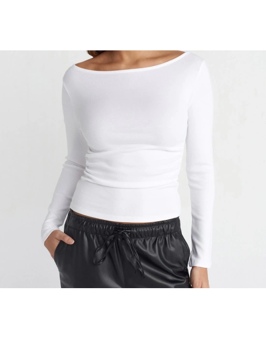 Büzgülü Kayık Yaka Top-Beyaz
