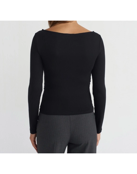 Büzgülü Kayık Yaka Top-Siyah
