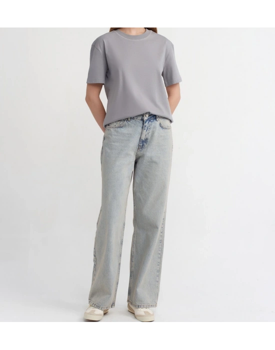 Dekoratif Dikişli Bisiklet Yaka Tshirt-Gri