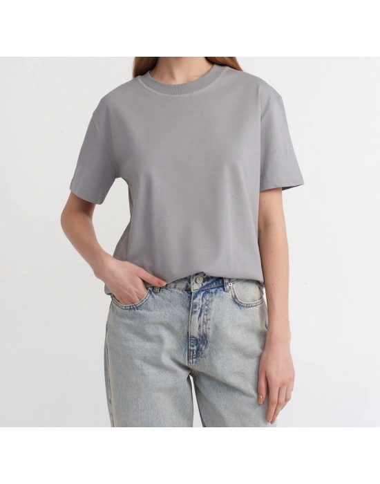 Dekoratif Dikişli Bisiklet Yaka Tshirt-Gri