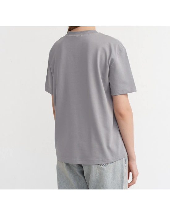 Dekoratif Dikişli Bisiklet Yaka Tshirt-Gri