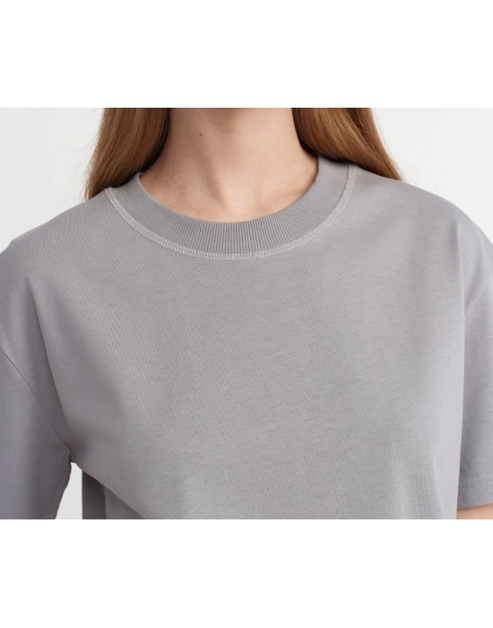 Dekoratif Dikişli Bisiklet Yaka Tshirt-Gri