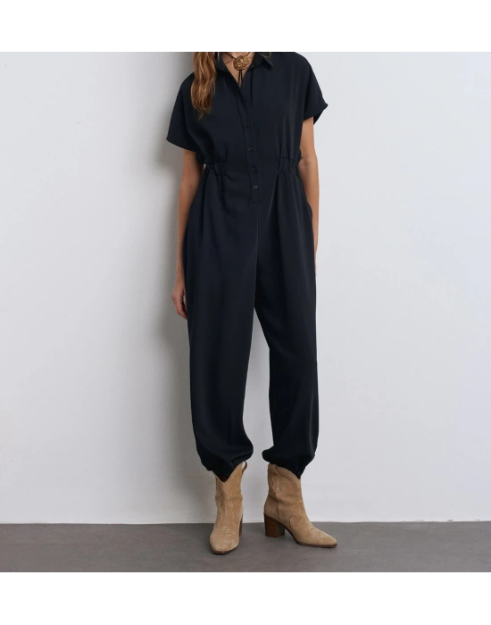 Klasik Yaka Düğme Kapatmalı Dar Paça Tulum-Siyah