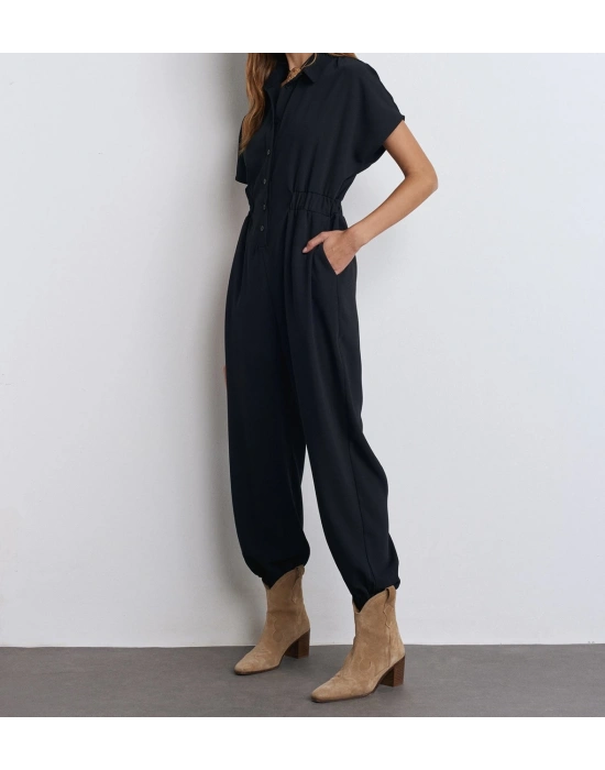 Klasik Yaka Düğme Kapatmalı Dar Paça Tulum-Siyah