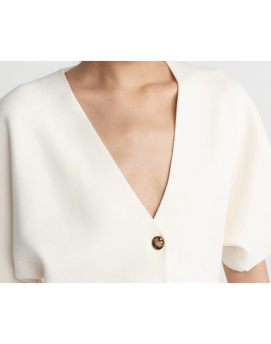 V Yaka Düğmeli Triko Hırka-Ekru