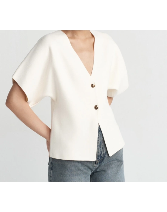 V Yaka Düğmeli Triko Hırka-Ekru