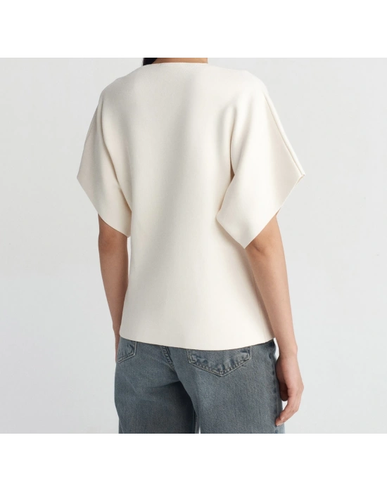 V Yaka Düğmeli Triko Hırka-Ekru