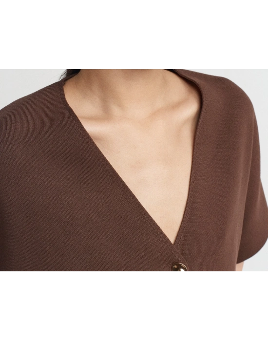 V Yaka Düğmeli Triko Hırka-Kahve