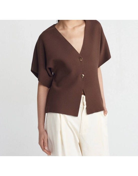 V Yaka Düğmeli Triko Hırka-Kahve