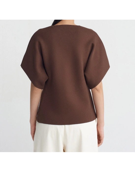 V Yaka Düğmeli Triko Hırka-Kahve