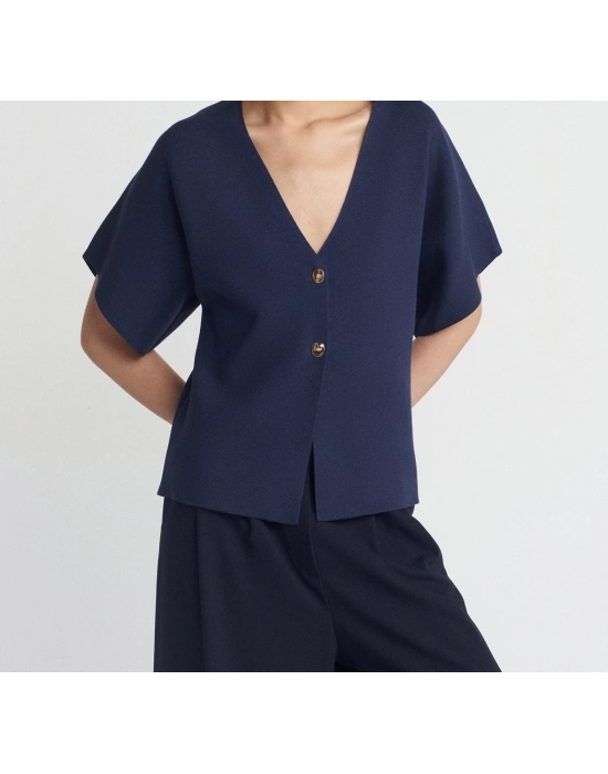V Yaka Düğmeli Triko Hırka-Lacivert