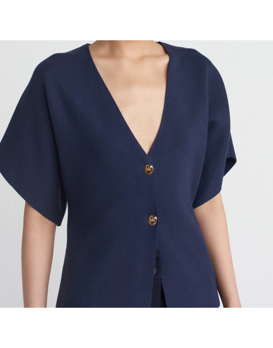 V Yaka Düğmeli Triko Hırka-Lacivert