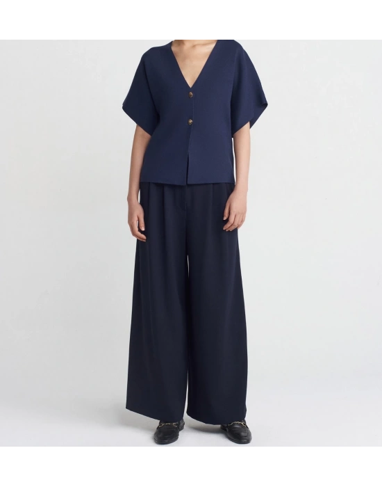 V Yaka Düğmeli Triko Hırka-Lacivert