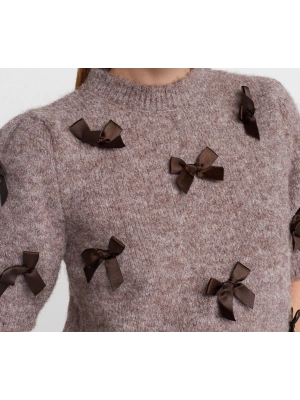 Bisiklet Yaka Fiyonk Detaylı Kısa Kollu Triko Kazak-Koyu Vizon