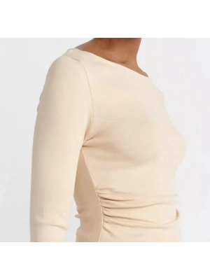 Büzgülü Kayık Yaka Top-Açık Bej
