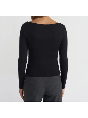 Büzgülü Kayık Yaka Top-Siyah