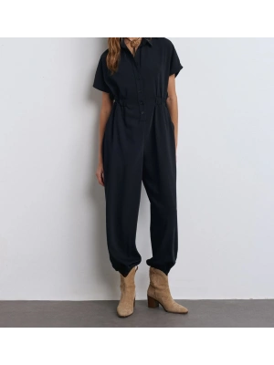 Klasik Yaka Düğme Kapatmalı Dar Paça Tulum-Siyah