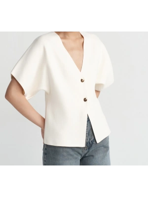 V Yaka Düğmeli Triko Hırka-Ekru