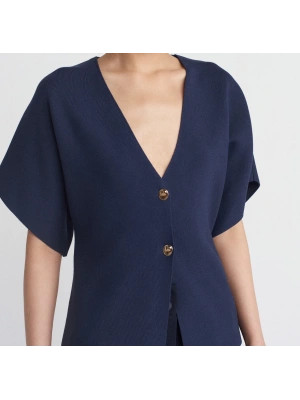 V Yaka Düğmeli Triko Hırka-Lacivert