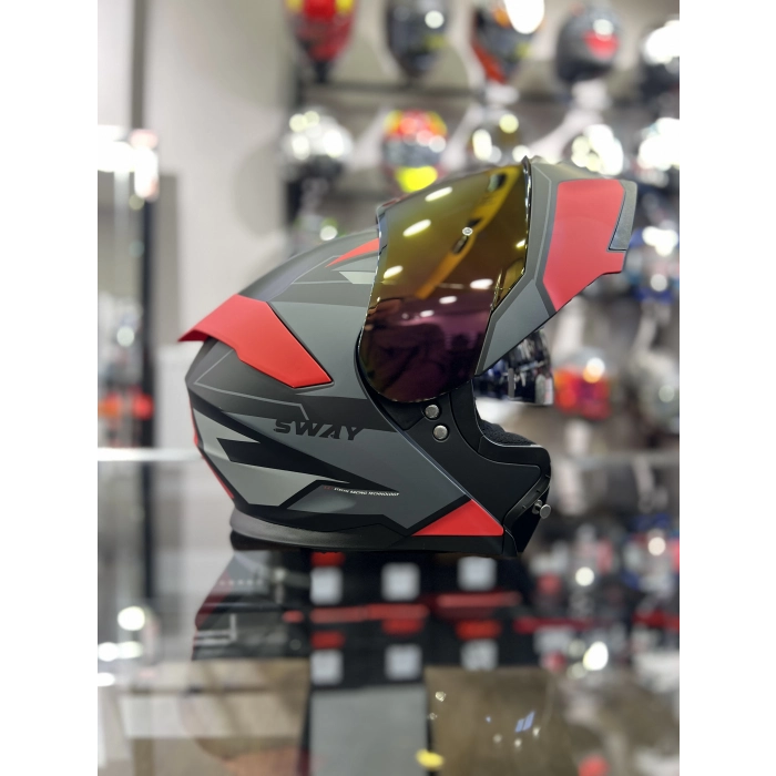 Kırmızı Siyah 912 Çene Açılır Kask Gold Vizörlü(+1 Şeffaf Vizör)