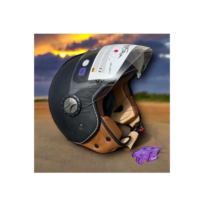 701 Deri Kaplı Yarı Camlı Elektrikli Bisiklet Motosiklet Scooter Kaskı 2xl Beden Siyah