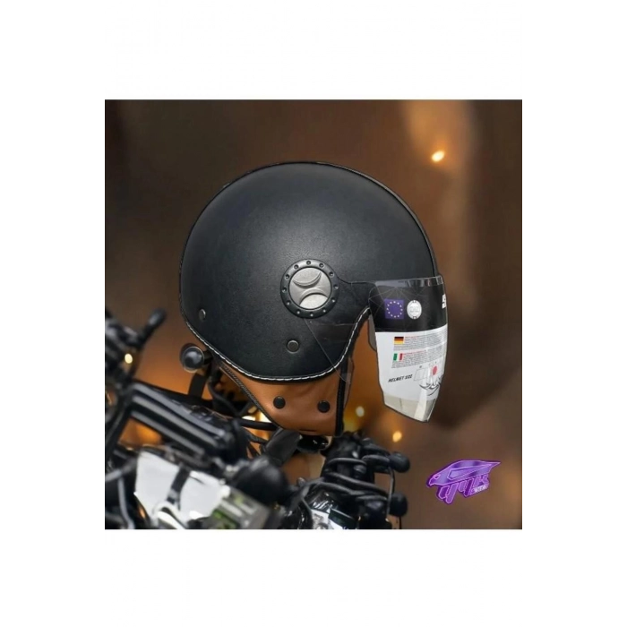 701 Deri Kaplı Yarı Camlı Elektrikli Bisiklet Motosiklet Scooter Kaskı 2xl Beden Siyah
