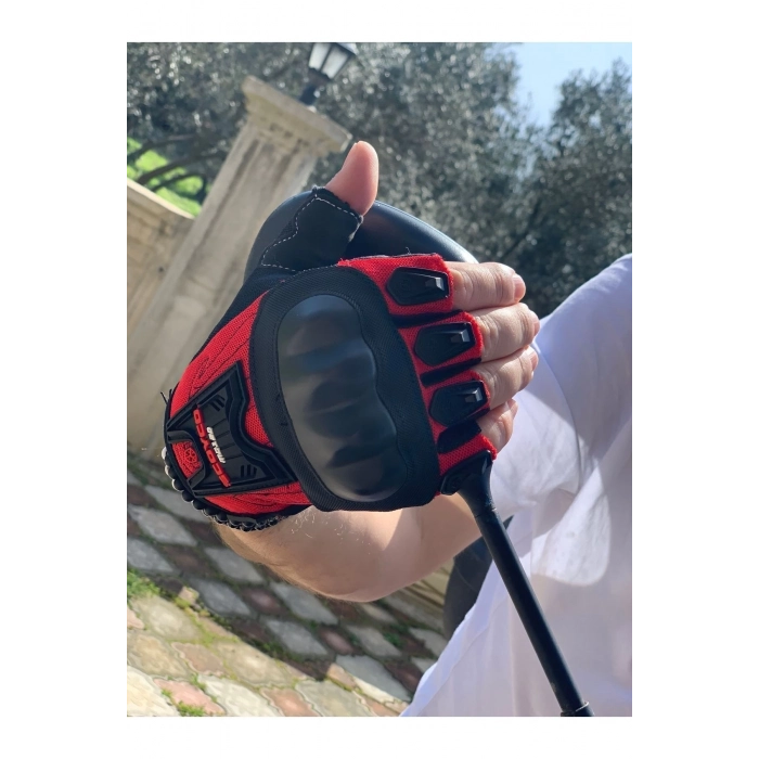 Fnm--mc12d- Full Üst Korumalı Yazlık Mevsimlik Yarım Eldiven Kırmızı