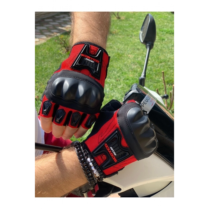 Fnm--mc12d- Full Üst Korumalı Yazlık Mevsimlik Yarım Eldiven Kırmızı