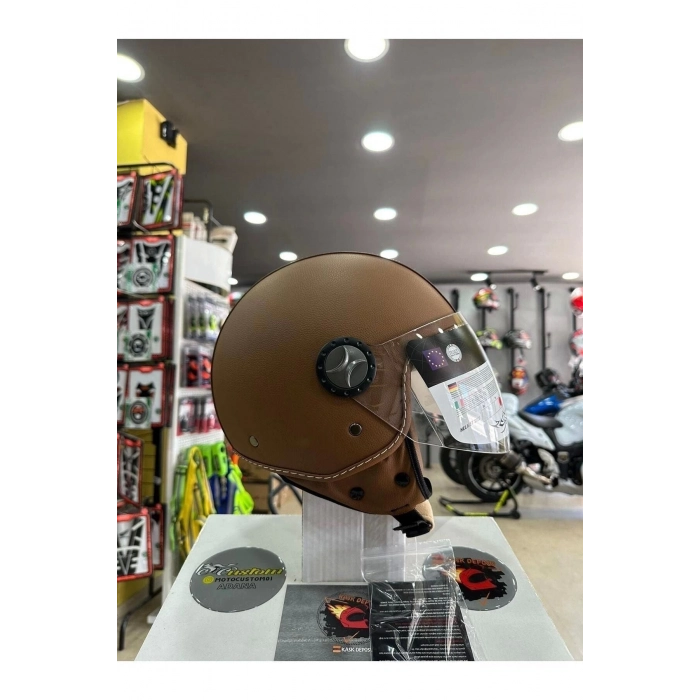 FS701 Deri Kaplama Yarım Motosiklet Kaskı (Kahverengi)