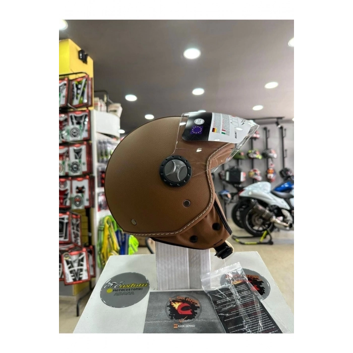 FS701 Deri Kaplama Yarım Motosiklet Kaskı (Kahverengi)