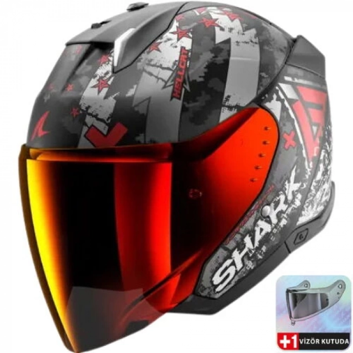Skwal i3 Jet Hellcat Yarım Kask Kırmızı Vizörlü (+1 Şeffaf Vizör)