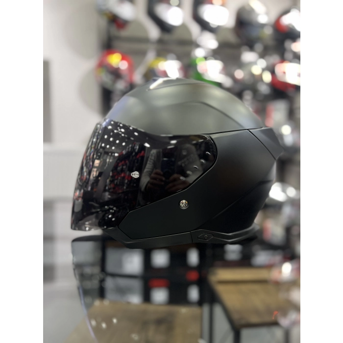 Skwal i3 Jet Mat Siyah Ledli Yarım Kask Siyah Vizörlü (+1 Şeffaf Vizör)