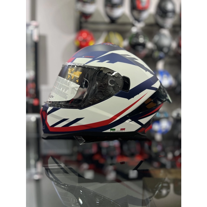 865 Atos Mavi Beyaz Kapalı Kask Güneş Vizörlü