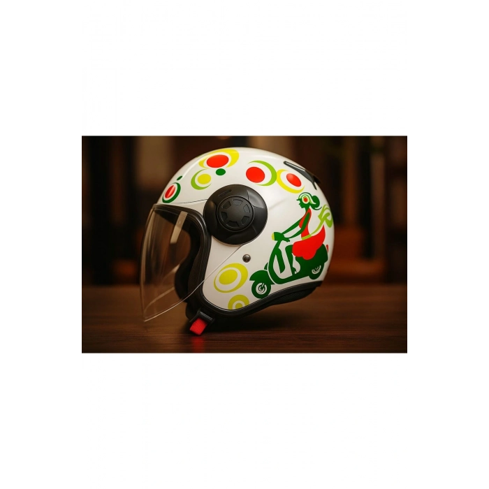 FR-665 Yarım Motosiklet Kaskı – SPRING Woman Desenli, CE Onaylı, Güneş Vizörlü