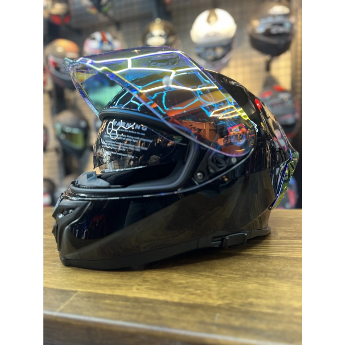 R1 Parlak Siyah Revo Gold Vizörlü Kapalı Kask (Güneş Vizörlü)