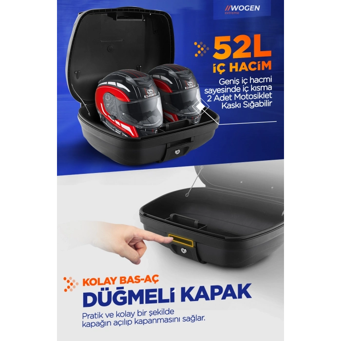 Wogen 52 Litre Motosiklet Arka Çantası Üst Bagaj Basic Siyah
