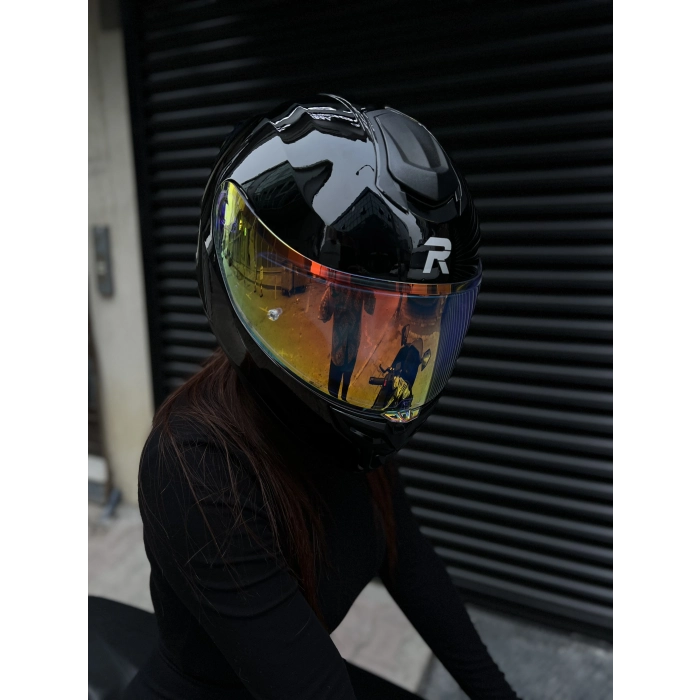 R1 Parlak Siyah Revo Gold Vizörlü Kapalı Kask (Güneş Vizörlü)