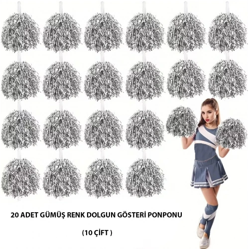 10 Çift ( 20 Adet ) Gümüş Renk 23 Nisan 19 Mayıs 29 Ekim Okul Gösteri Ponponları (5365)