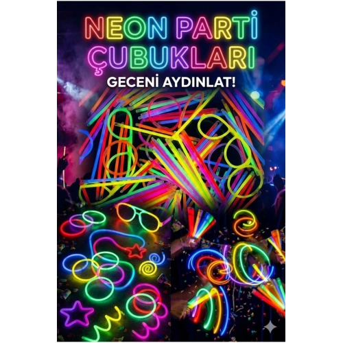 100 Adet Fosforlu Glow Stick Parti Seti | Bileklik, Kolye ve Eğlenceli Işık Çubukları