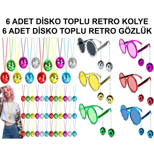 12 Parça Renkli Disko Toplu Retro Parti Seti – 6 Kolye + 6 Gözlük (5365)