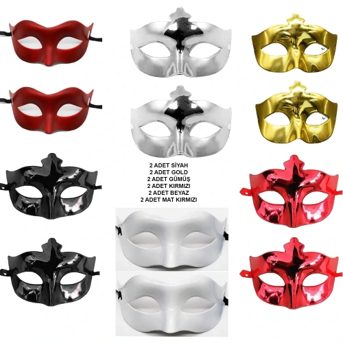 12-Piece Colorful Party Mask Set - Black, Gold, Silver, Red, White, Matte Red (5365)