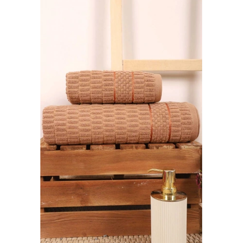2 Piece Bathroom Towel Set 100% Cotton Stick Pattern Brown