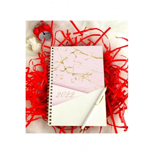 2022 Yılı Mermer Desen Ahşap Defter Kalem - Pembe
