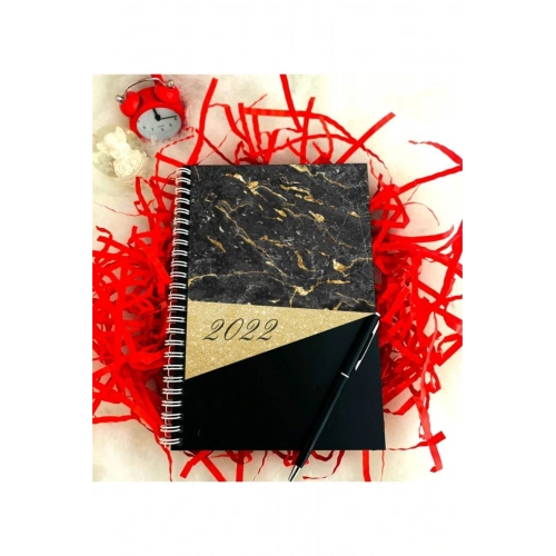 2022 Yılı Mermer Desen Ahşap Defter Kalem - Siyah