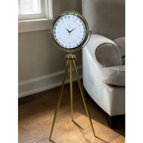 24 Saat Göstergeli Özel Tasarım Gold Tripod Ayaklı Duvar Saati