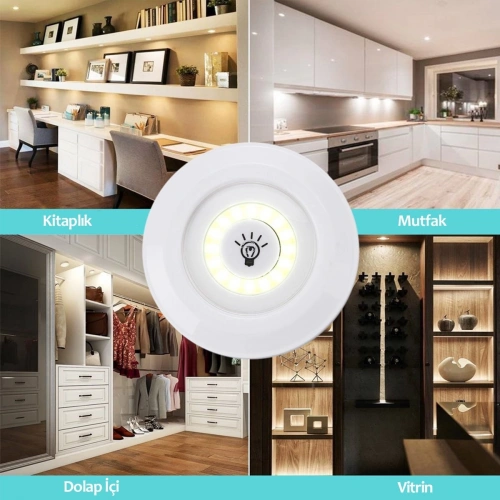 3&apos;lü Uzaktan Kumandalı Pilli Yapışkanlı Kablosuz Led Spot Lambalar (5365)