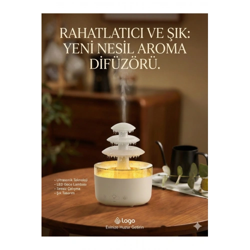 3 Katlı Şelale YAĞMUR Tasarımlı Ultrasonik Aroma Difüzör – 6 Renk LED Işıklı Hava Nemlendirici