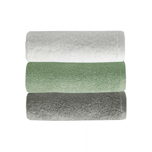 3 Piece Solid Color Hand and Face Towel Set %100 Cotton 50x90 Cm Grey-Green-White