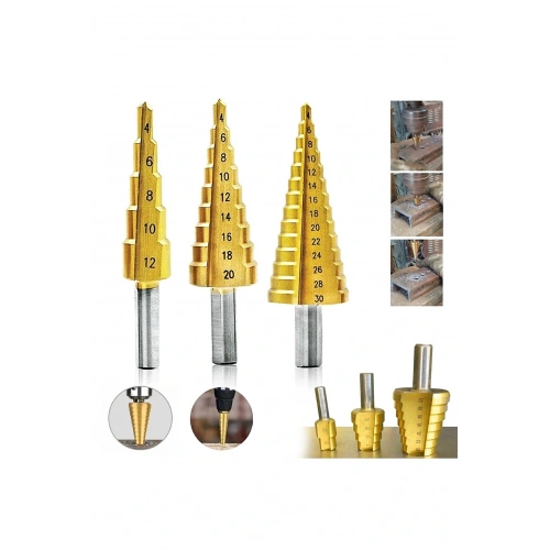 3 Piece Step Drill Bit Set Gradual Sheet Drilling Attachment HSS Titanium Coating (5365)